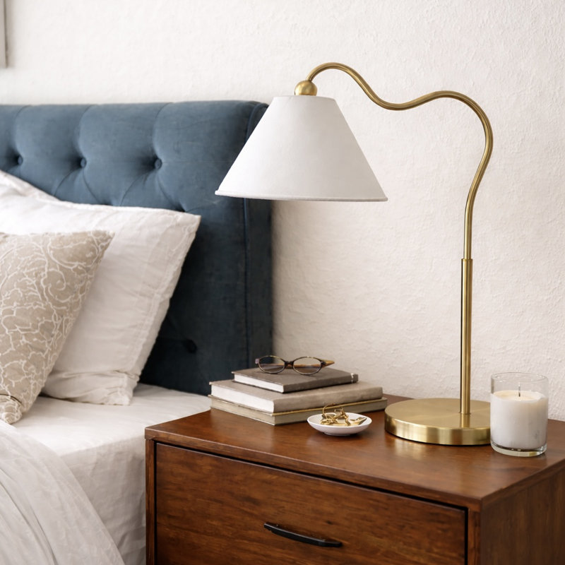 Curved Brass Ring Base Bedside Table Lamp