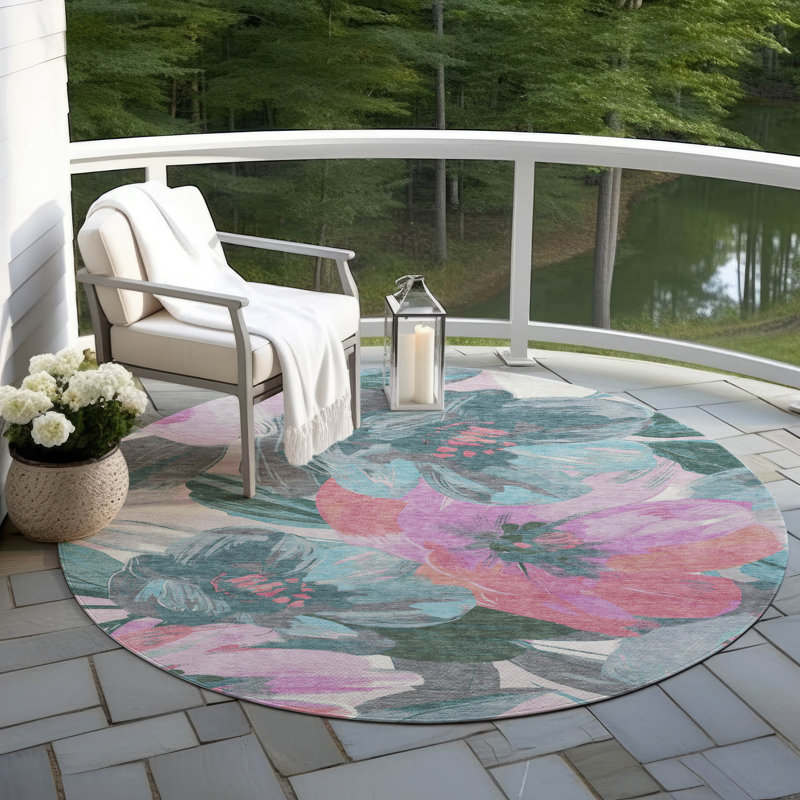 Machine Washable Indoor/Outdoor Claudian ACN1492 Teal Rug, Round 8'
