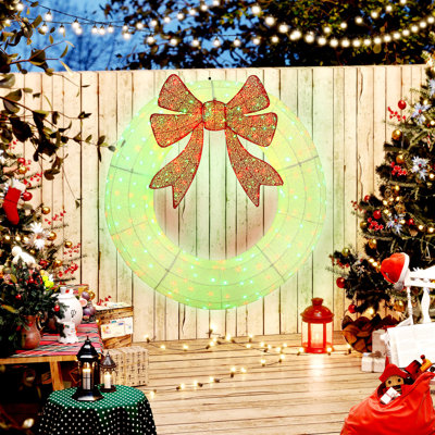 60 Inch Lighted Christmas Wreath Decoration with Dual Color LED Light, Metal Wreath with 44 Lighting Modes, Daily Timer, Remote Control, Indoor Outdoor Holiday Decor for Front Door, Window