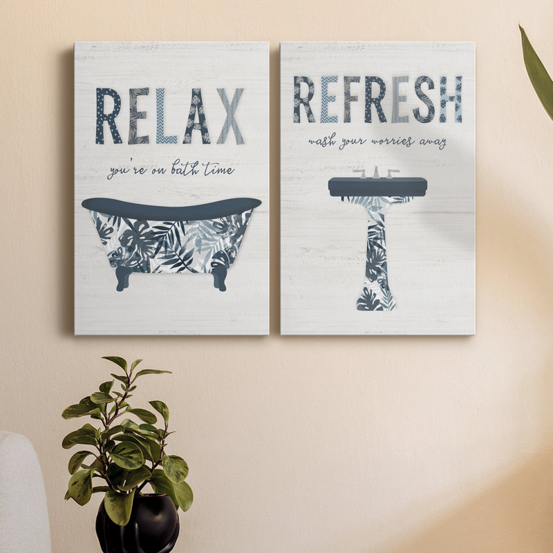 " Palm Bath I " 2 - Pieces, 12" H x 16" W x 1" D, Wrapped Canvas