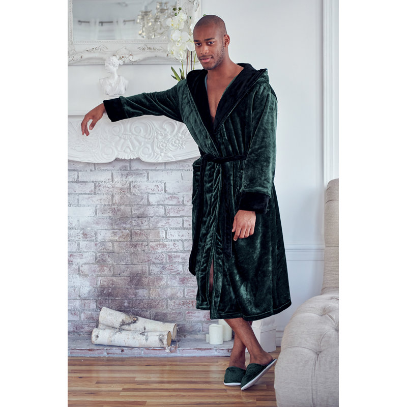 LOTUS LINEN - Peignoir moelleux à capuche, P / M, Vert/noir
