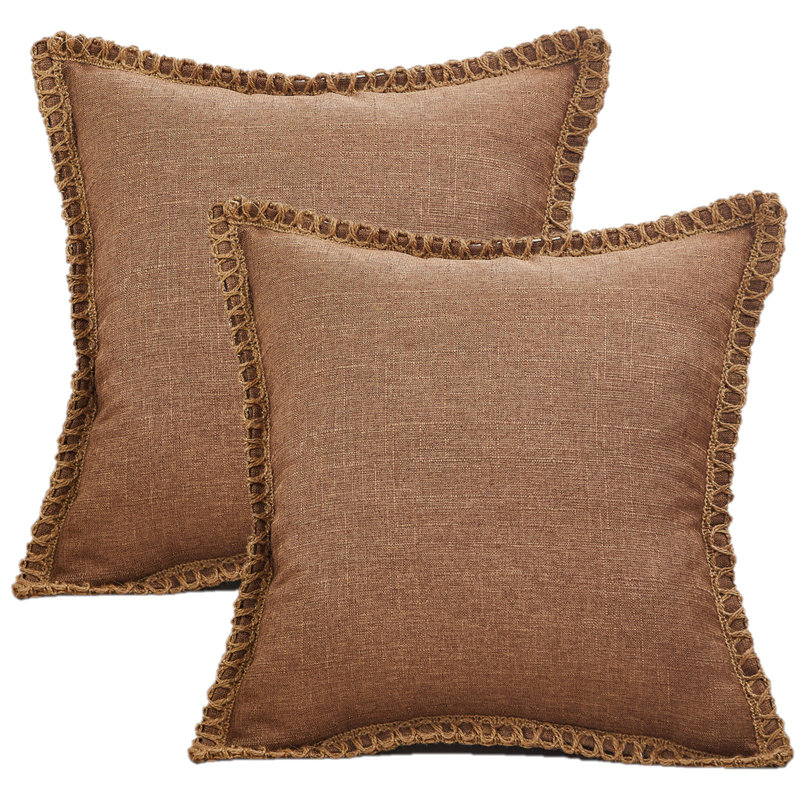Cotton Linen Fringed Cotton Reversible Pillow Cover, Brown