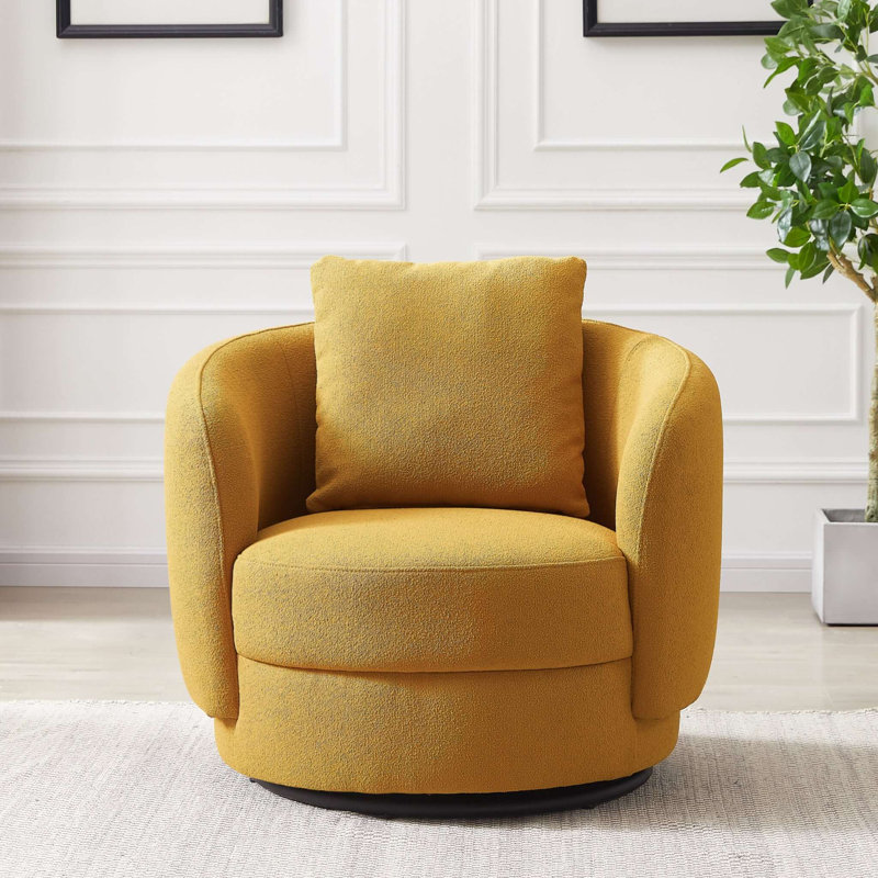 Yellow Boucle Lounge Chair with Solid Wood Frame
