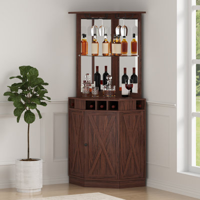 Corner Industrial Bar Cabinet, Wine Table for Liquor & Glasses, Sideboard