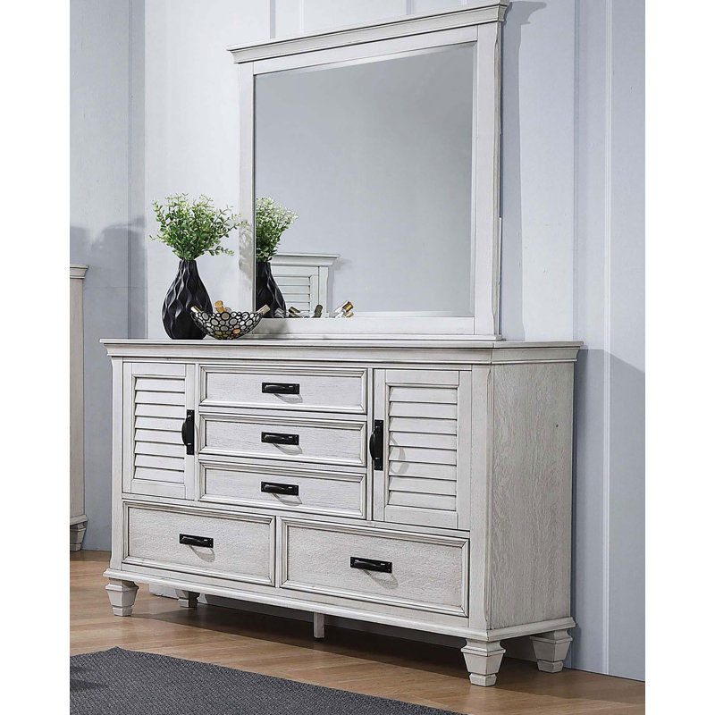 Commode de campagne 71,25 po avec miroir, blanc vieilli