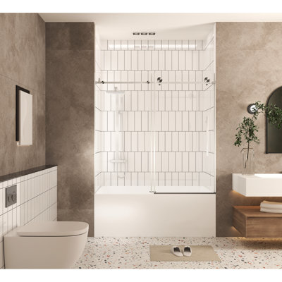 Porte de douche de 60 po de hauteur, 56 po de largeur, verre trempé transparent de 6 mm, enveloppe anti-éclatement, saisie ergonomique en acier inoxydable, grandes roulettes en nickel brossé pour faciliter le déplacement du couvercle,