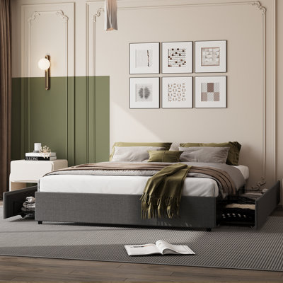 King Size Upholstered Platform Fabric Bed Frame with 4 Storage Drawers, Wooden Slats Support, Noise Free, Easy Assembly, Light Grey