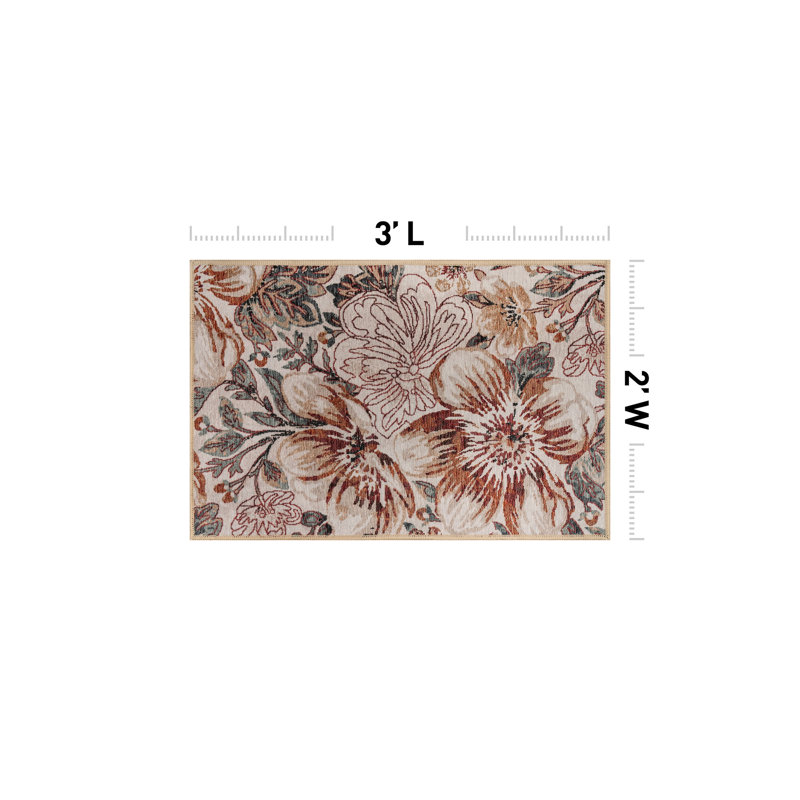 Tapis de sol Botanical Bloom couleur crème ivoire, lavable à la machine, en polyester avec envers antidérapant, Crème