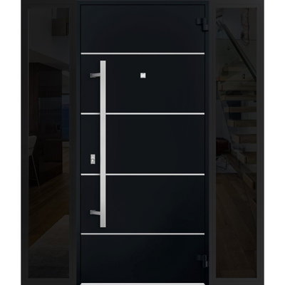 Front Exterior Prehung Steel Door / Deux 6083 Black Enamel / 2 Side Exterior Windows Sidelites/ Stainless Inserts Entry Metal Modern Painted W12+36+12" x H80" Left hand Inswing