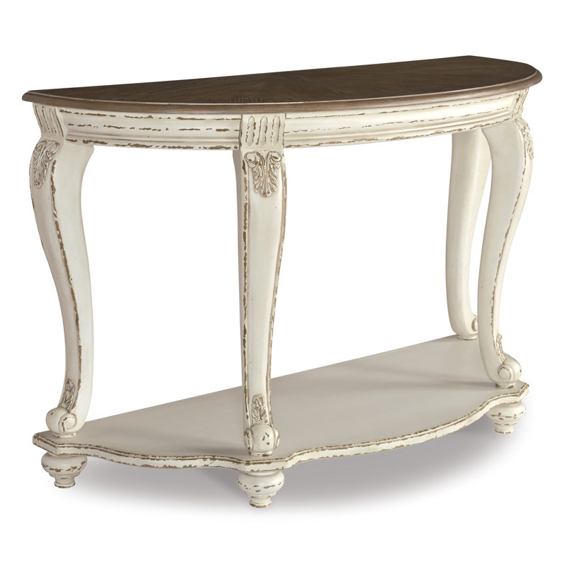 Realyn Demilune Sofa Table with Storage in Distressed White/Brown