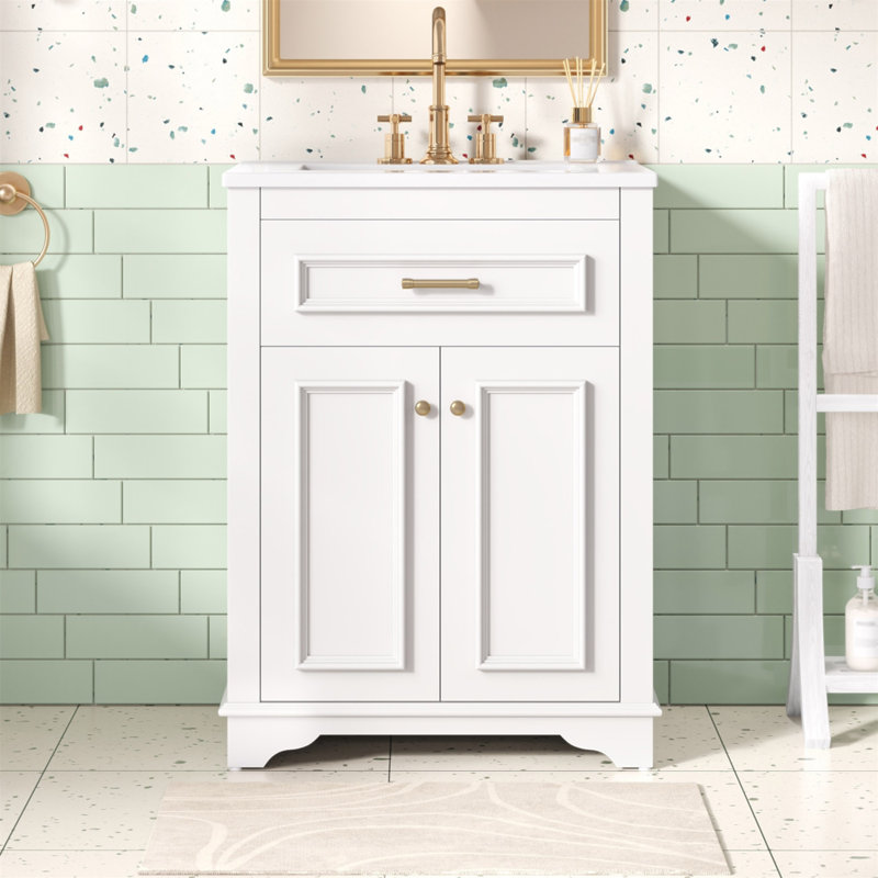 Meuble-lavabo 24 po avec lavabo en céramique intégré, armoire de salle de bain avec 2 portes, 1 tiroir basculant et meuble-lavabo simple pour salle de bain de petite et moyenne taille