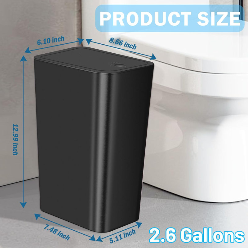 Black Stainless Steel Slim Trash Can with Pop-Up Lid, 10L/2.6 Gallon
