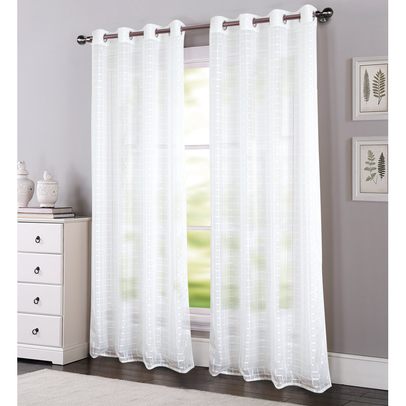 Jardine Plaid Stripe Sheer Window Curtain Panel, White