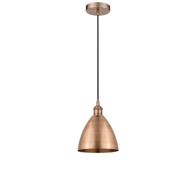 Luminaire suspendu conique 1 lumière, 11.25" H x 7.5" W x 7.5" D, Noir mat, Cuivre antique