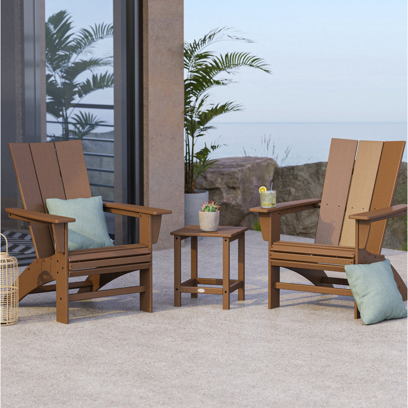 Modern 3-Piece Curveback Adirondack Set with Side Table, Teak