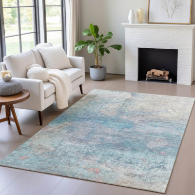 Machine Washable Indoor/Outdoor Xhevrie Aqua Rug