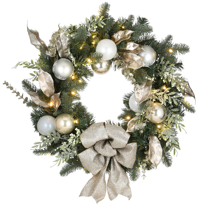 Couronne de Noël 24 po pré-éclairée décorée avec nœud
