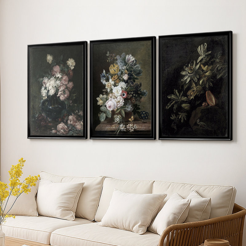 Reproduction florale rétro Lxxix - Toile tendue avec châssis sur mesure - 3 pièces, H 21 po x l 30 po