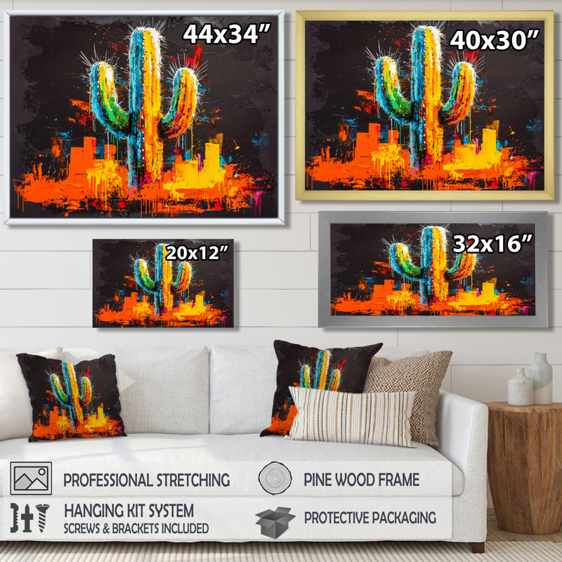 Décoration murale Pop Art Cactus au Nevada - Floral Cactus, H 16 po x l 32 po, Cadre flottant sans passe-partout, Doré