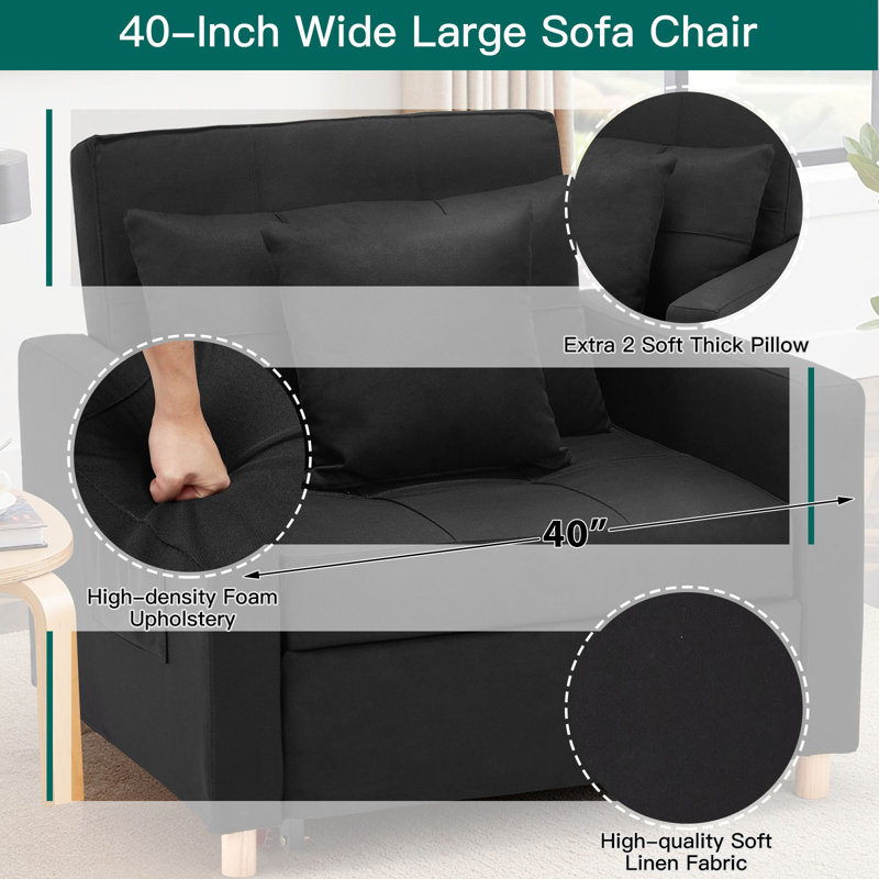 Heckman 40" Sleeper Chair,  3-in-1 Convertible Chair Bed, Black 100% Linen