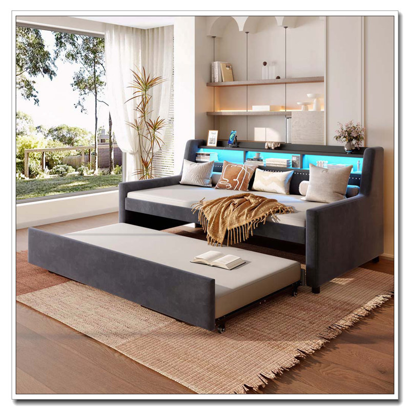 Velvet Upholstered Daybed with Trundle,LED Light ＆ Charging Station