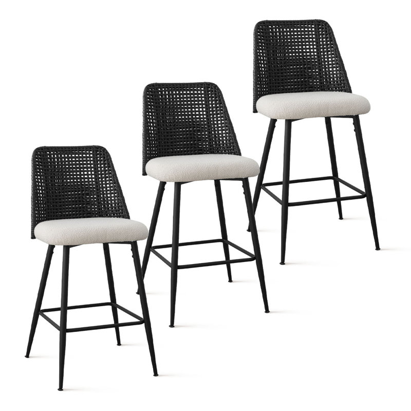 Briahnna 27" Upholstered Boucle Rattan Full Back Counter Stool Set of 3, Black