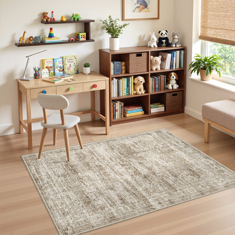 Tapis antidérapant lavable résistant aux taches pour le salon, la salle à manger et la salle à manger brun - 4 pi x 6 pi