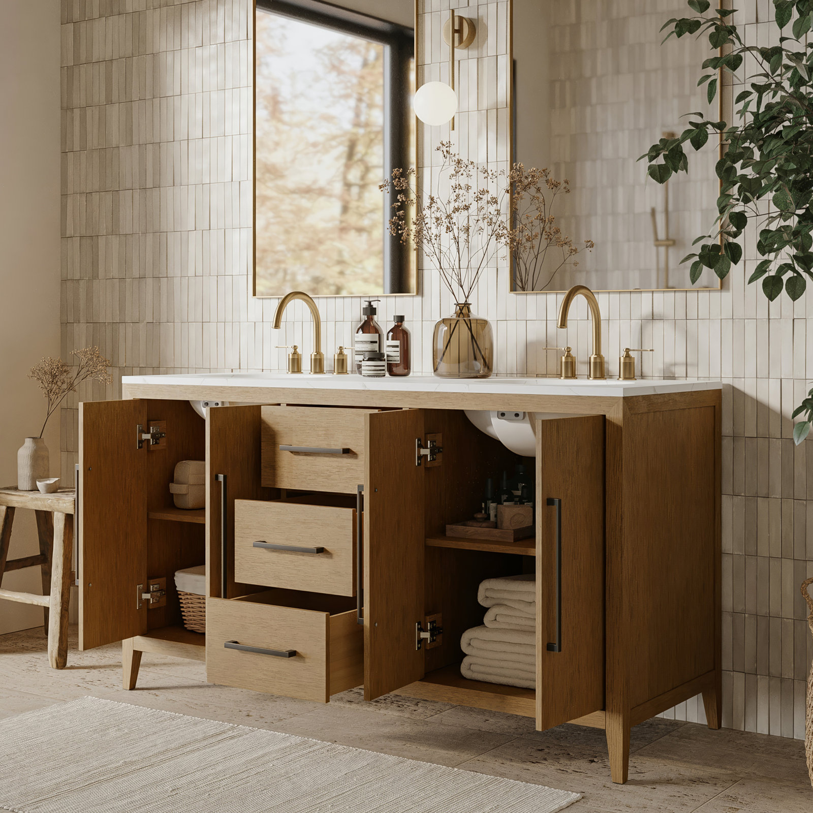 Alsup 60" Double Bathroom Vanity, Brown Oak