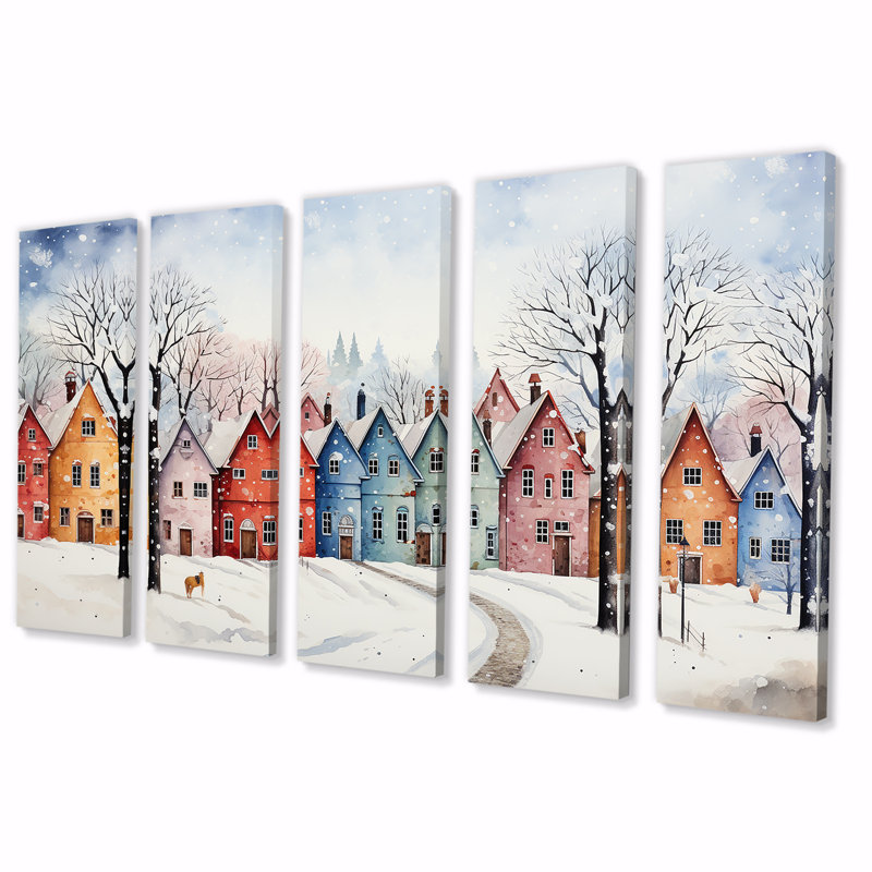 Multicolor Frosty City In Winter II - Winter Landscape, ensemble d'art mural 5 pièces, H 28 po x l 60 po