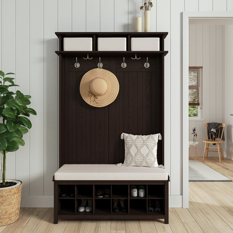 Espresso Solid Wood Hall Tree with Storage Bench and Hooks