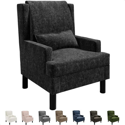 Accent Chair Mid-Century Modern Chenille Upholstered Armchair with Ottoman Pillow and Wood Legs for Living Room Bedroom, Black