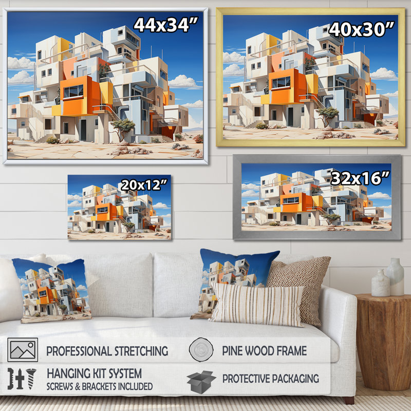 «De Stijl Style Factories Landscape I», reproduction sur toile, H 16 po x l 32 po x P 1 po, Cadre doré simple