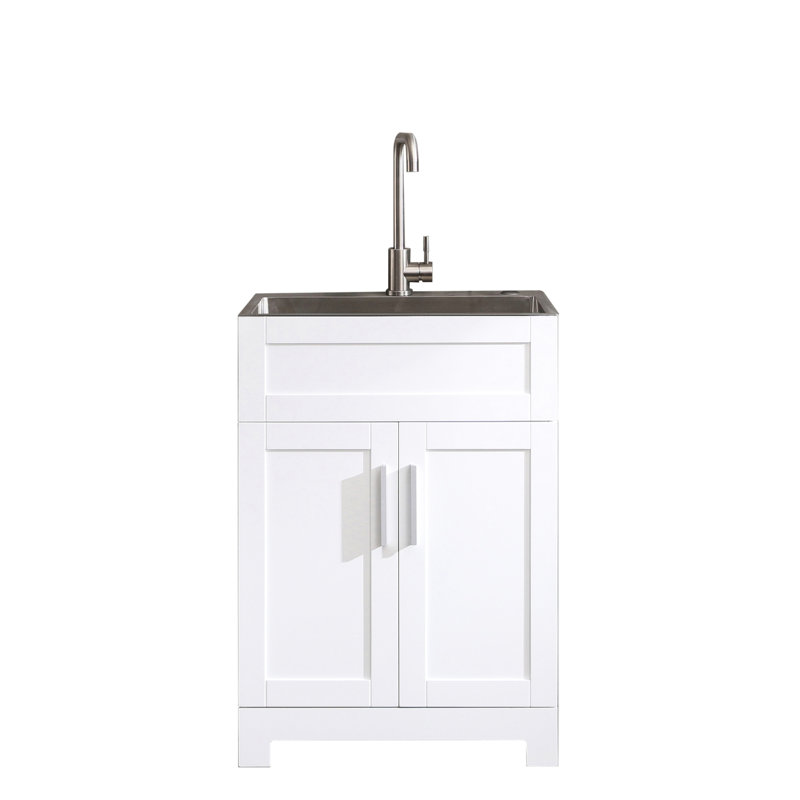 24In White Laundry Sink Cabinet Unit - Stainless Steel Faucet & Drain Stable Easy Assembly Tub Wash Reliable Quiet Daily Activity