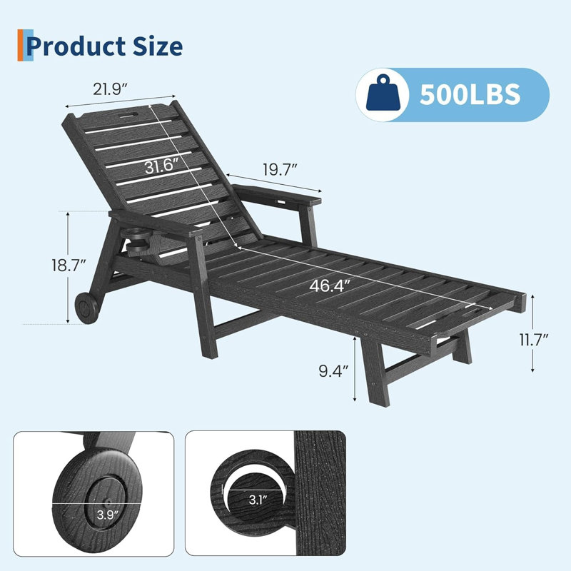 Chaises longues de patio en PEHD gris, fauteuil inclinable à 5 positions avec porte-gobelet et roulettes, fauteuil de piscine résistant aux intempéries, paquet de 4
