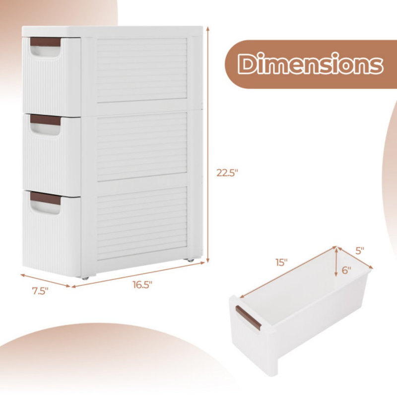 Armoire de rangement étroite à 3 tiroirs avec roulettes intégrées pour petits espaces