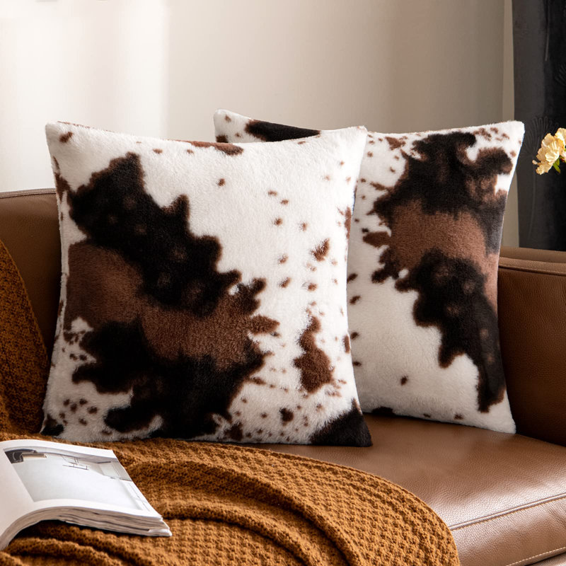 Ensemble de 2 housses de coussins décoratifs en fausse fourrure de luxe en cuir de vache moelleux et moelleux