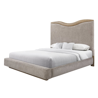 Élégant lit très grand rembourré avec tête de lit incurvée et accents de bois chaleureux, conception à profil bas, couleur beige, largeur de 86,16 po, profondeur de 101,93 po, hauteur de 69,11 po, poids de 27,19 lb, fabrication durable