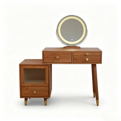 Modern Dressing Table With Glass Door Side Cabinet And Gold Metal Accents