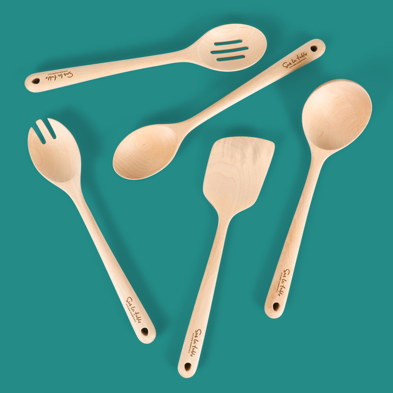Golden Brown Beech Wood 5-Piece Cooking Utensil Set