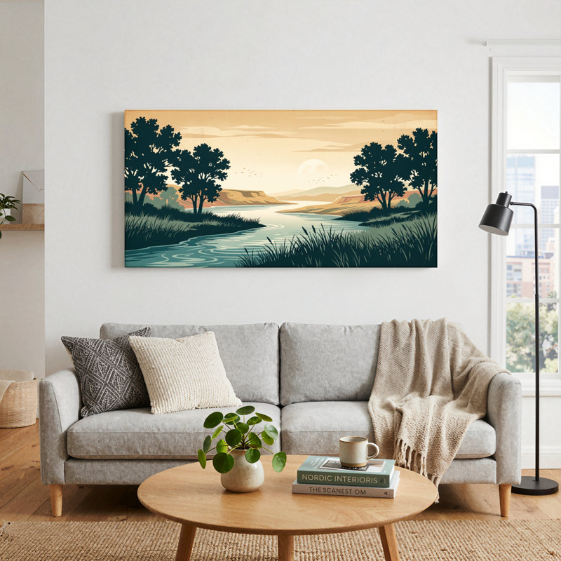 Ensemble de 1 tableau sur toile représentant un paysage de rivière, 40“W x 20”H, Wrapped Canvas