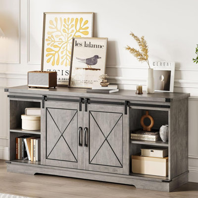 Farmhouse TV Stand for 65 Inch TV with Sliding Barn Doors and Adjustable Shelf, TV Media Storage Console Table and Furniture for Living Room by ASOPIX