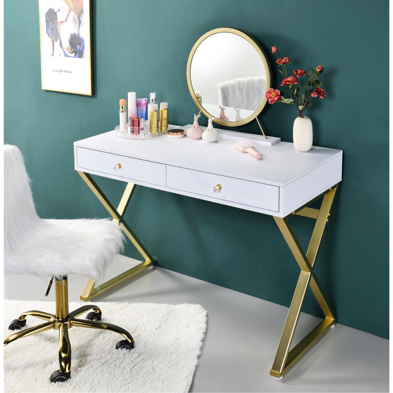Rectangular White And Gold Vanity Desk With Included Mirror Jewelry Tray, Metal Frame, 2 Drawers For Cosmetics Other Items Spacious Bedroom Storage