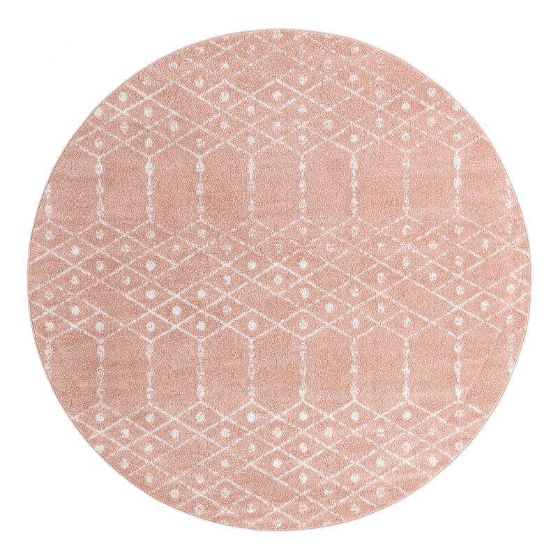 Tapis rose à motif géométrique, Rond 7 pi 10 po