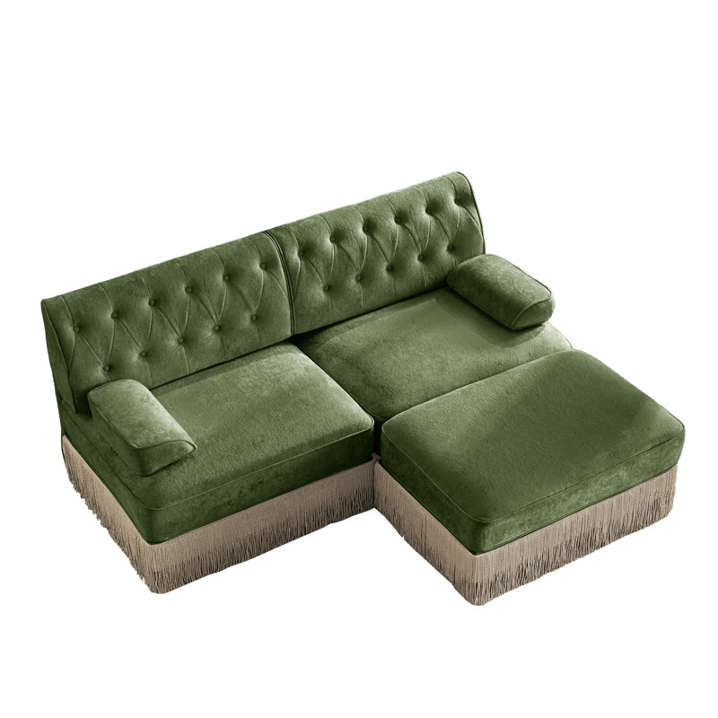L-shaped, breathable, comfortable fringe-trimmed sofa, Green Velvet, 34.2" H x 76.6" W x 60.3" D