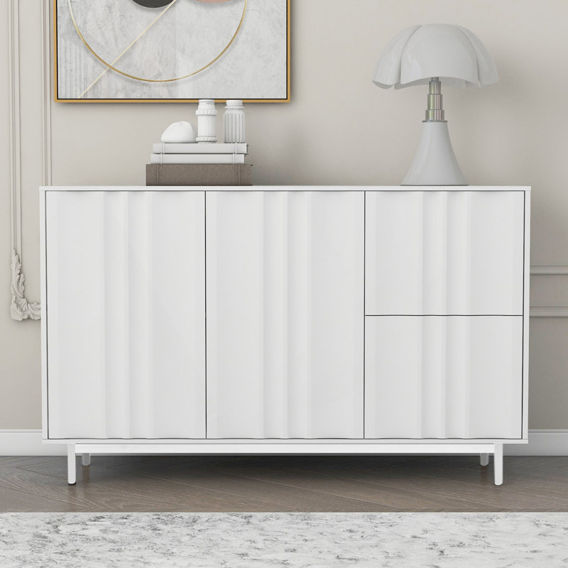 Armoire de rangement à motif de vagues avec 2 portes et 2 tiroirs, tablettes réglables pour une utilisation polyvalente dans le bureau, l'entrée et le salon
