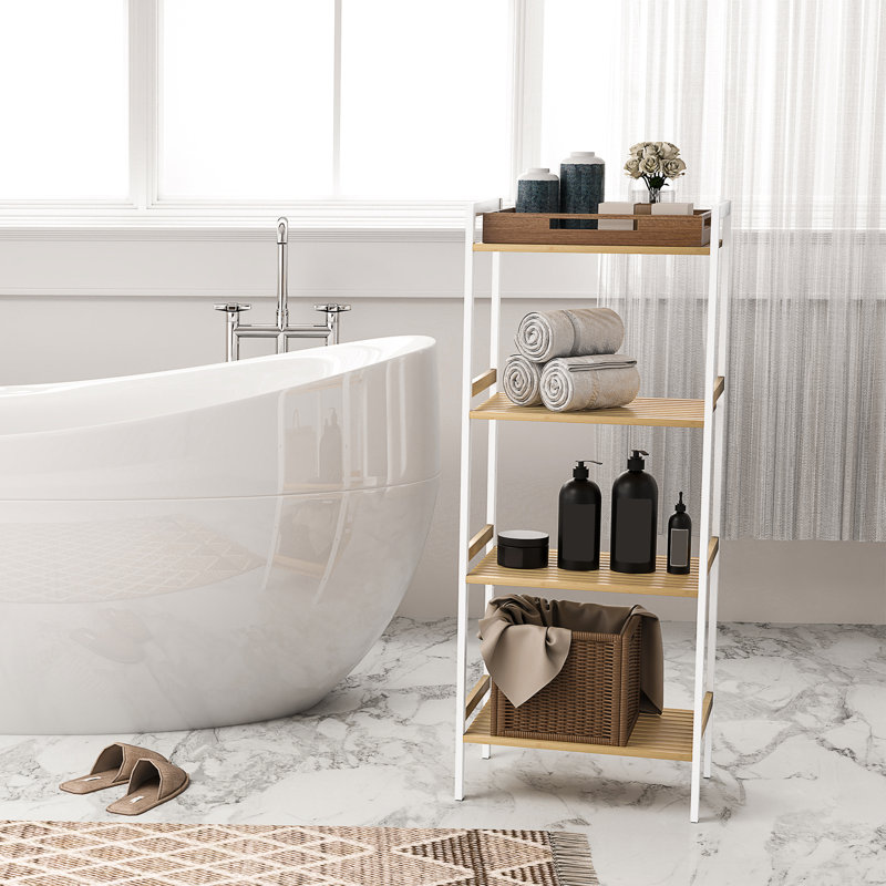 Balint Bamboo Freestanding Bathroom Shelves, Natural Wood/ White