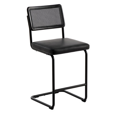Tabouret de bar en similicuir rembourré avec dossier en rotin tissé et pieds en métal