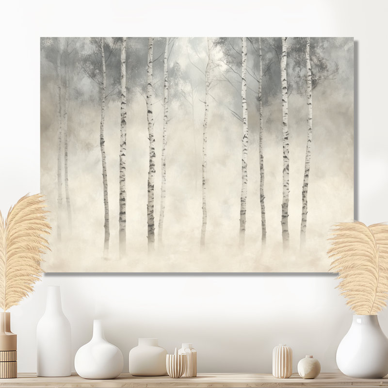 Nordic Birch Forest Calm I - art mural botanique gris, H 34 po x l 44 po, Toile tendue