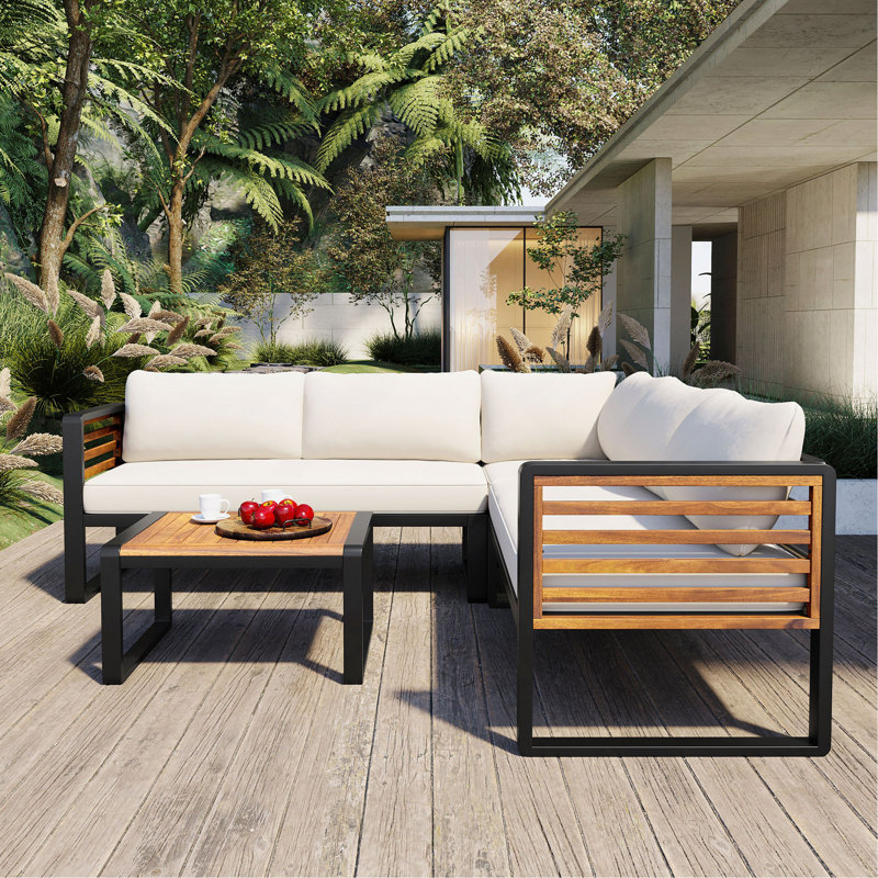 4 Pieces Outdoor Patio Conservation Set, Metal And Wood Frame Sectional L-Shaped Sofa With Soft Cushion And A Coffee Tables For Garden, Backyard, Porch And Deck