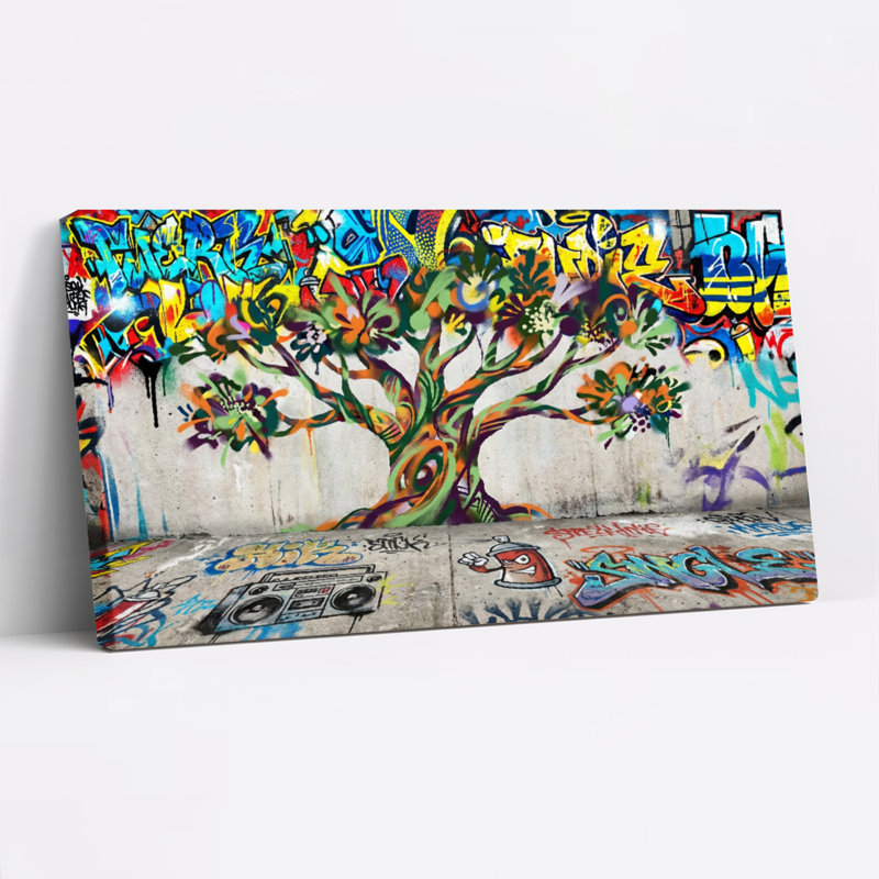 Ensemble de 1 tableau mural sur toile représentant un arbre graffiti coloré, H 12 po x l 36 po